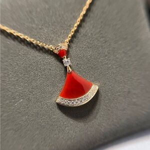 Bulgari 18K Gold Necklace with Red Enamel Fan Pendant and Crystal Accents